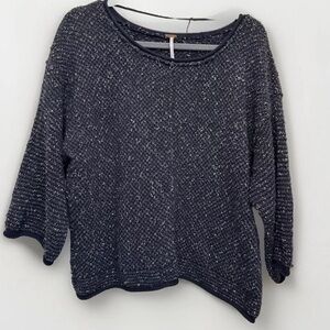 Free People Neck Knit Sweater Woman's‎ L Blue & Speckled White 3/4 Sleeve